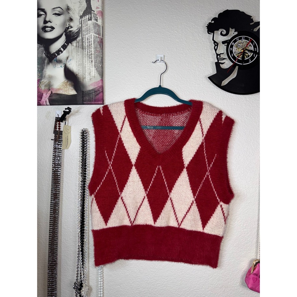 Argyle Sweater Vest Red Cream Fuzzy Knit V Neck Cropped Preppy Y2K Womens Large